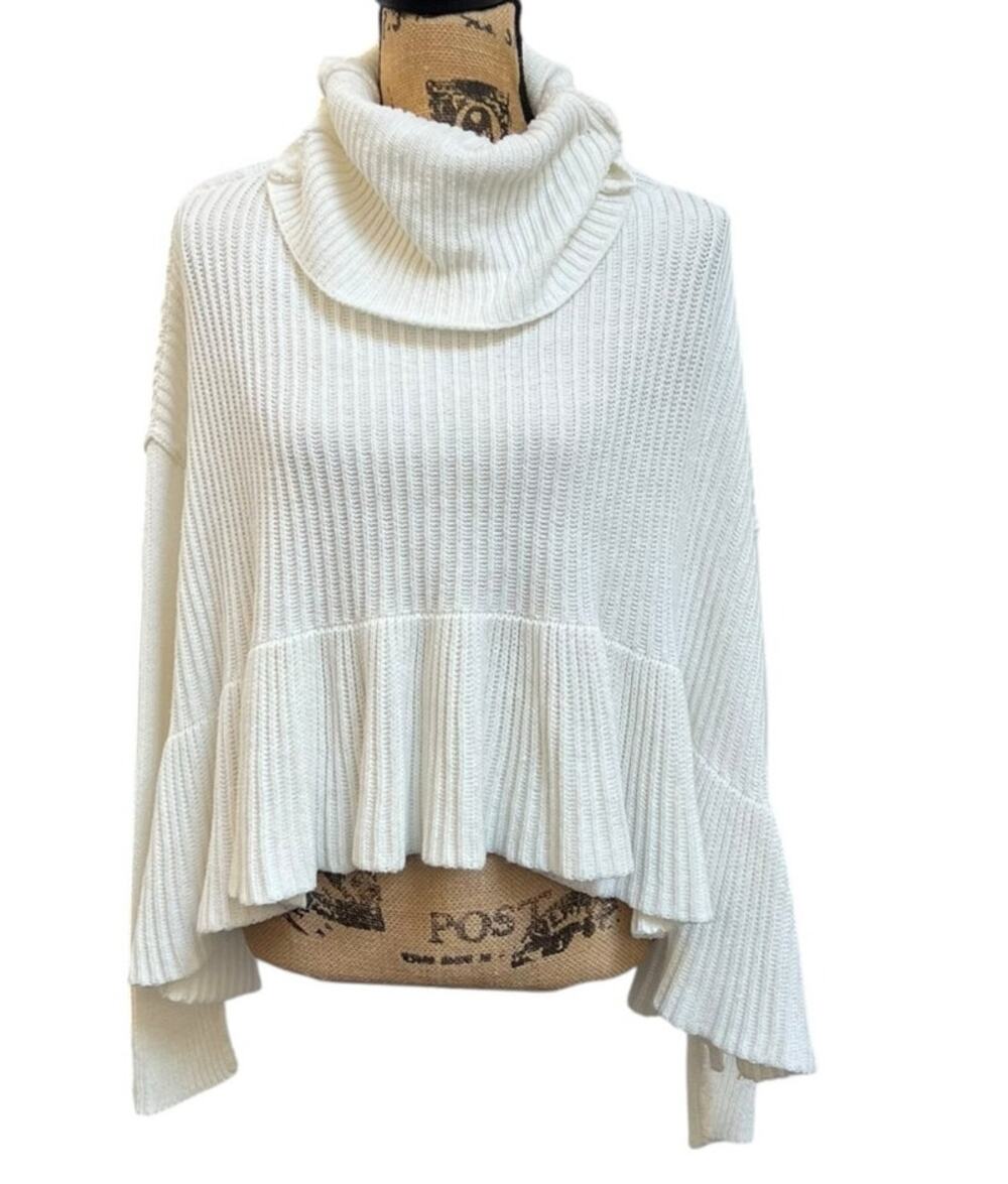 Free People Ivory Cream Ribbed Knit Cowl Neck Peplum Sweater Top Size XS